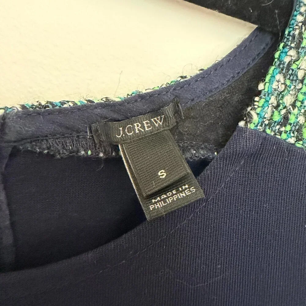 J. Crew Tweed Sleeve Tee Shirt 100% Cotton Preppy Chic Navy Green - Small